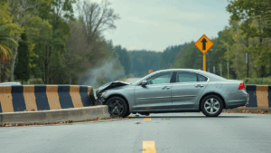 a car crashed on the center divider of the road