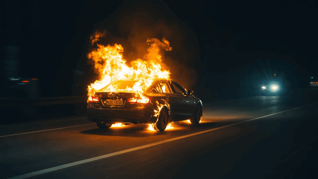 Samantha Parian un coche en llamas en la carretera por la noche 3bcf8594 70fc 4688 9026 95d78abb14d0