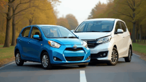 Two parked cars on a road.
