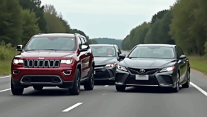 Jeep y dos Toyota en carretera
