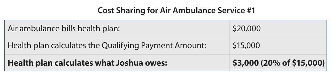 Federal hypothetical air ambulance example: a provider bills the health plan $20,000; the plan uses $15,000 to calculate cost sharing; the patient owes $3,000 under the example's assumptions.