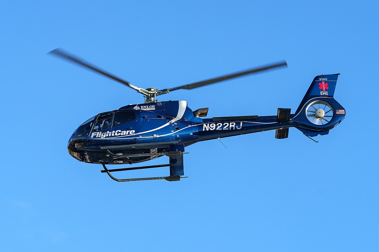 Enloe Medical Center FlightCare helicopter taking off in Chico, California, in 2021.