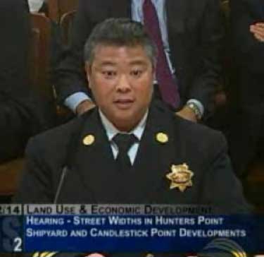 Fire Marshall Mitchie Wong testifying against 20 foot street widths for Hunters Point and Candlestick Point redevelopments (Source: SFGovTV)