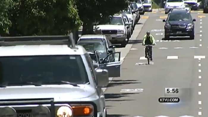 The sharrows on Bosworth Street were not enough to keep bicycle safety instructor Bert Hill from getting hit by a car. (Image via KTVU)