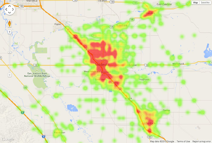 Collision Heat Map for Stanislaus County in 2012. (Source: UC Berkeley Transportation Injury Mapping System)