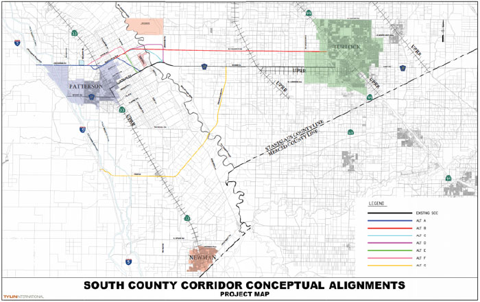 Potential alignments in the South County Corridor Feasibility Study. (Source: StanCOG)
