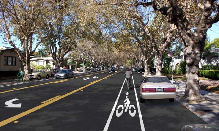 Rendering of Central Avenue road diet between Fourth/Ballena and Sherman/Encinal. (Source: City of Alameda)