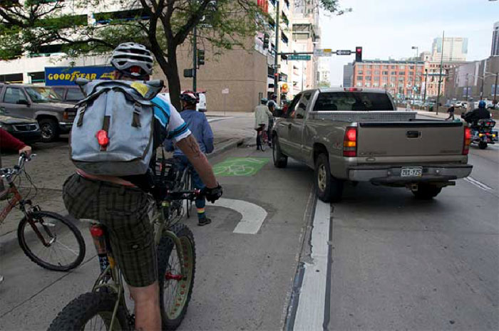 A NACTO-approved treatment in Denver offers little protection to bicyclists. (Source: Bike 5280)