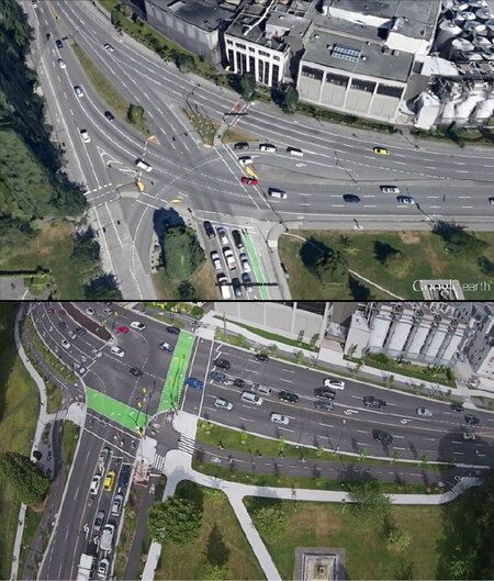 What could have been: Vancouver’s redesigned Burrard/Cornwall intersection incorporates protected bike lanes along a street that carries 50,000 cars per day – double that of Harrison Street in Oakland. (Source: City of Vancouver)