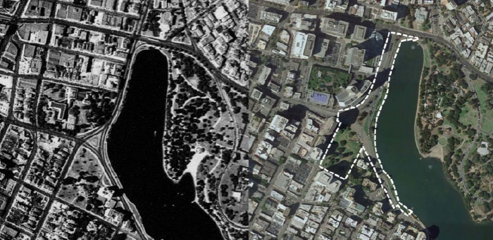 Harrison Street in 1939 (left) and today (right) (Source: UC Berkeley Earth Sciences & Map Library and City of Oakland)