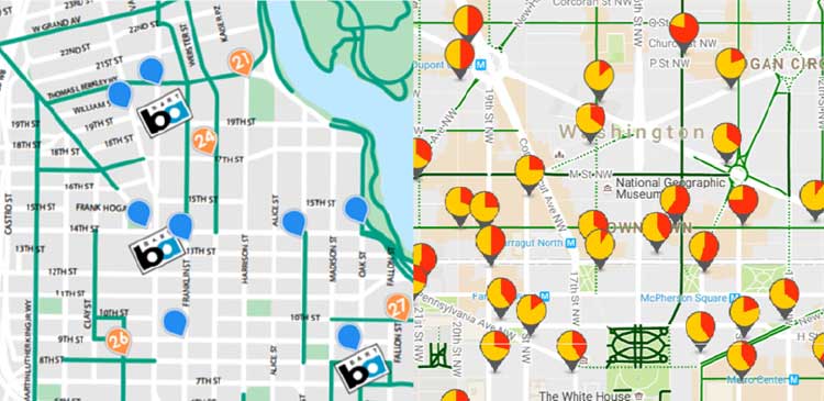 Una milla cuadrada de estaciones propuestas de Bay Area Bike Share en el centro de Oakland (izquierda) frente a las estaciones de Capital Bike Share en el centro de Washington D.C. (derecha).