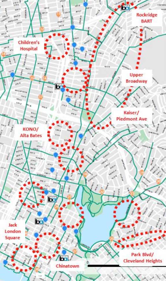 Estaciones de bicicletas compartidas previstas (azul/naranja) y carencias de servicio (rojo) en Oakland