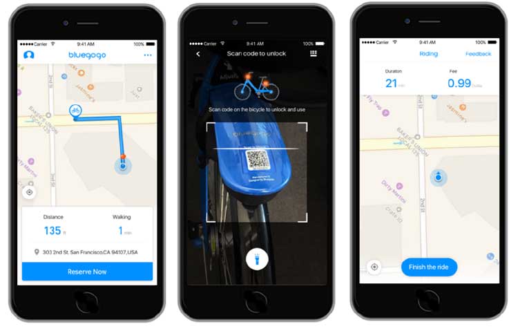 Bluegogo ofrece un sistema de bicicletas inteligentes sin puerto y con GPS que permite aparcarlas en cualquier lugar. (Fuente: Bluegogo.com)