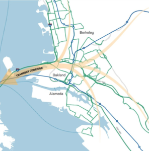 AC Transit’s Transbay bus routes (green) and BART service (blue). Source: MTC
