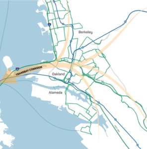 Rutas de autobús Transbay de AC Transit (verde) y servicio BART (azul). Fuente: MTC