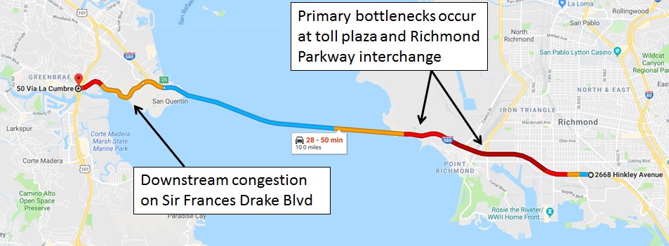 Overhead map of Richmond-San Rafael Bridge Traffic Bottlenecks