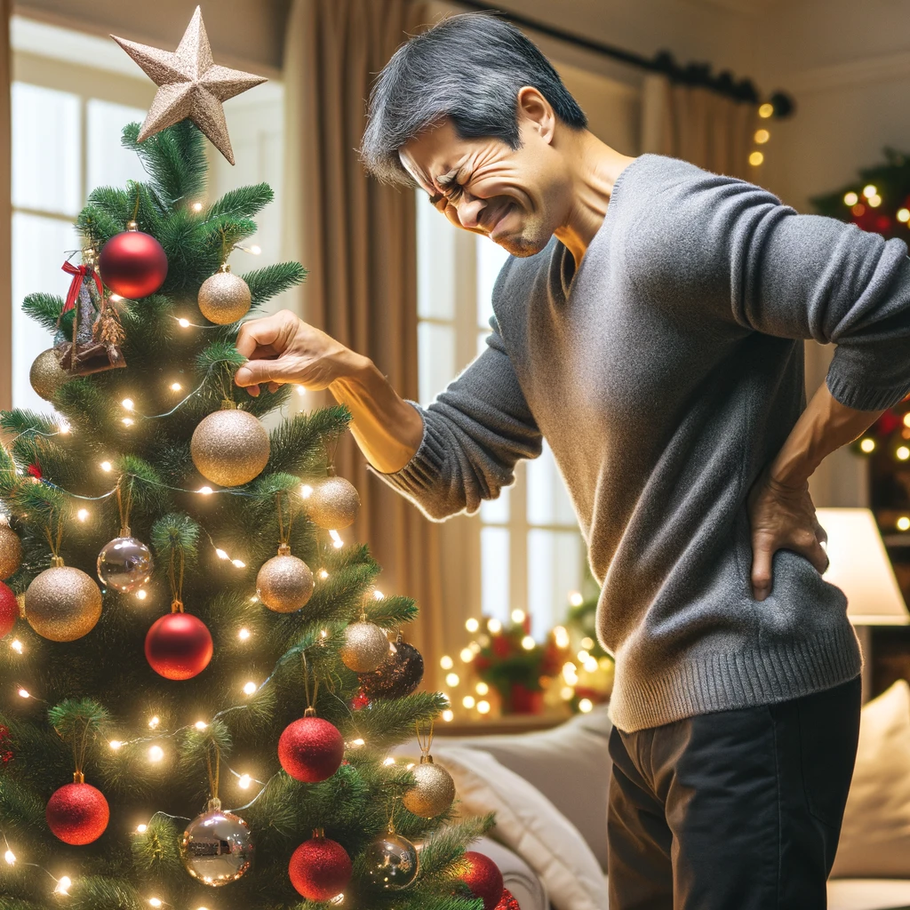 Un hombre con un leve dolor de espalda colocando un árbol de Navidad