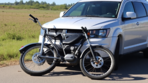 a bicycle parked in front of a car