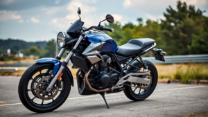 a blue motorcycle parked on the side of a road
