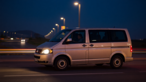 a silver van driving on a road at night