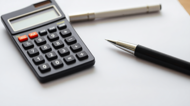 a calculator and pen on a white surface