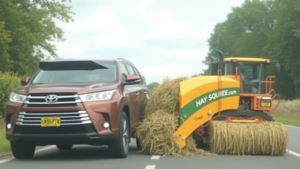 a car with hay bales on the side of the road