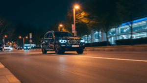 a car driving on a road at night