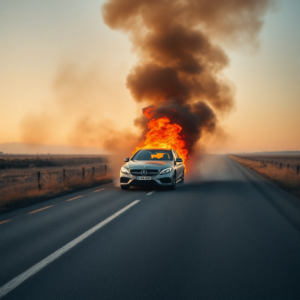 a car on fire on a road
