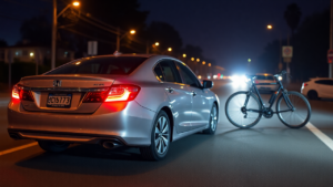 a car parked on a road with a bicycle