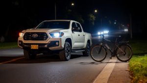 a truck and bicycle on a road at night