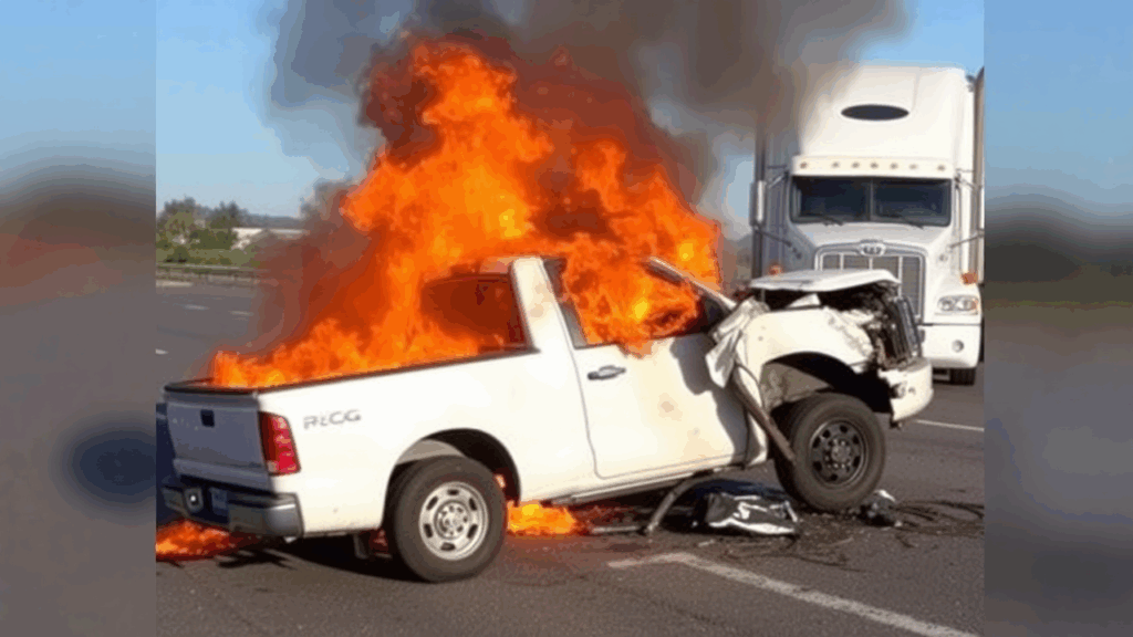 Samantha Parian A pickup truck on fire after it collided with a semi truck on Hig b04e2dd0 3ef7 4c3d 8dcb e2546c5bb5fc