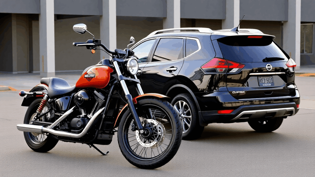 Samantha Parian a Harley Davidson motorcycle and a black Nissan Rogue SUV e7f7f987 a04a 4e2b 9ace bc203123cda9