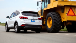 a white car and a tractor on the road