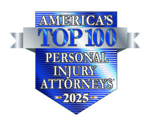 a blue and silver sign on America's Top 100 Personal Injury Attorneys 2025