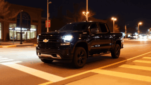 a black truck on a street at night