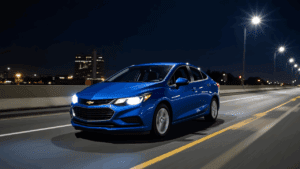 a blue car on a road