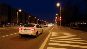 a white car on a street at night