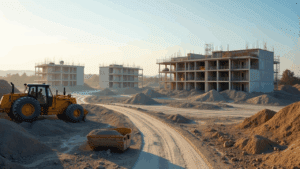 a construction site with a construction vehicle and a building