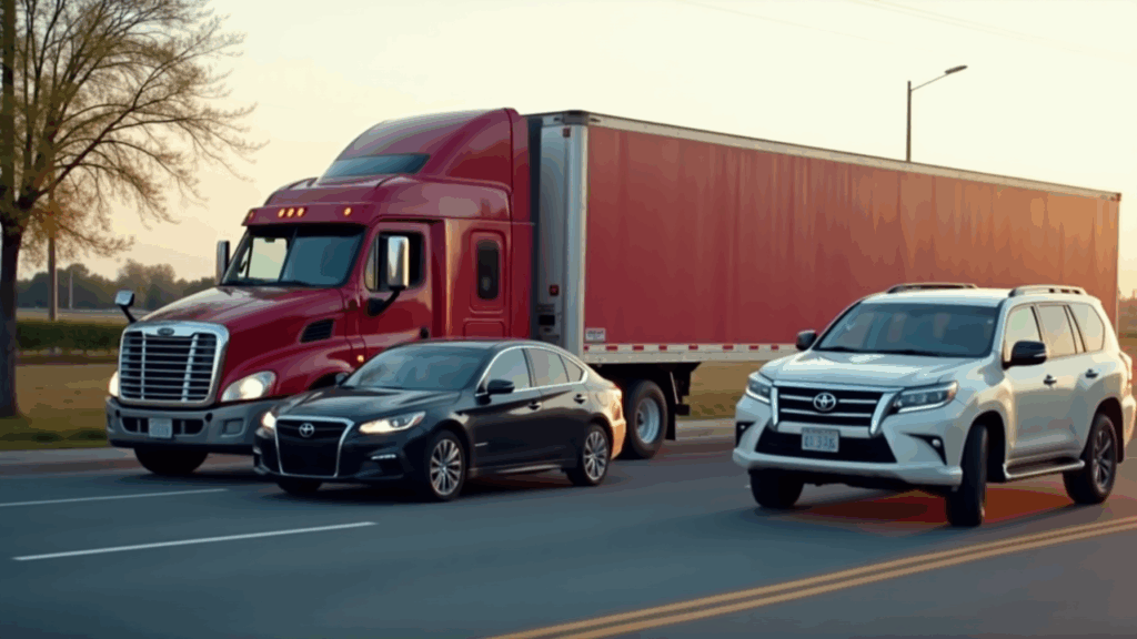 Samantha Parian a dark colored sedan a white Toyota SUV and a red semi truck col 6c5cf749 61f8 42ec b00d 3ef59575788f