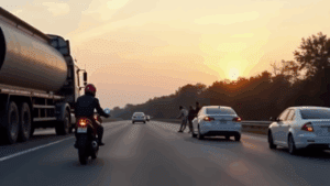 a group of people on a road