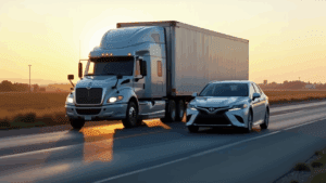 Semi-truck and Toyota Camry on road