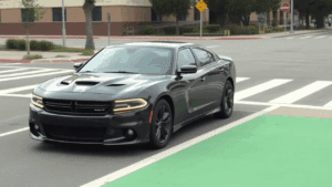 Black Dodge Charger on pedestrian lane.