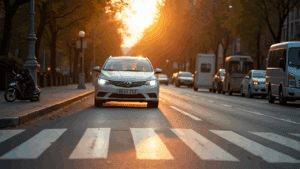 Car approaching crosswalk at sunrise.