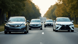 Four cars driving on a road.
