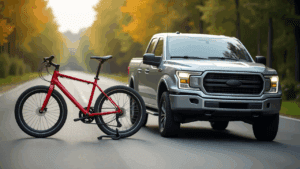 Red bicycle next to silver pickup truck.