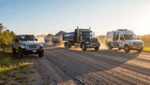 Jeep and trucks on gravel road.