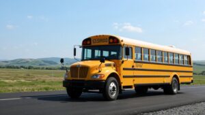 Yellow school bus on open road