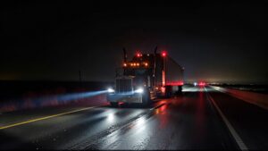 Semi-truck illuminated on dark highway.