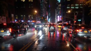 Cars driving on a rainy city street.
