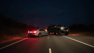 Nighttime collision of two vehicles.